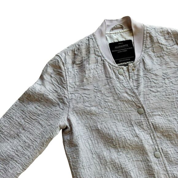 ALL SAINTS PAYTON Bomber Jacket Embossed Gray Snap Sz 2 lightweight Italian - Picture 2 of 11